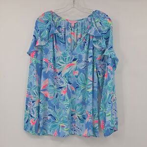 Lilly Pulitzer Elora Tuffle Sleeves Blue Floral Blouse Size M
